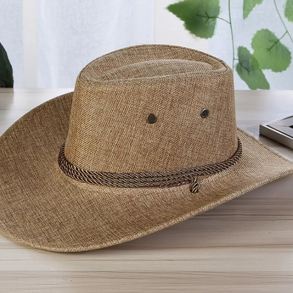 

New Linen Men Summer Sun Hats Solid Cool Western Cowboy Hat Outdoor Wide Brim Hat Male Riding Caps Accessory For Sun Protection