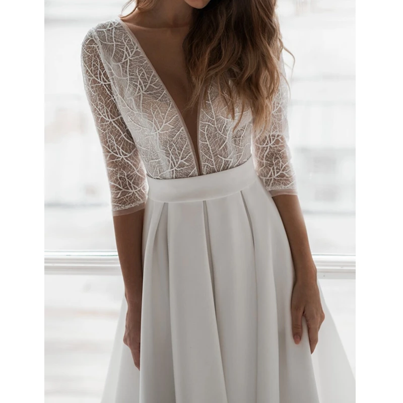 

Mandylandy Dress Women's Sexy Mesh Lace Stitching Slim Dress Summer Solid Color V-neck Three Quarter Sleeve High Waist Dress