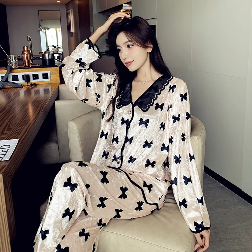 Gold Velvet Pajamas for Women Autumn and Winter Long Sleeves Casual Home Wear Suits Sleepwear Women's Pajamas Set pijama mujer
