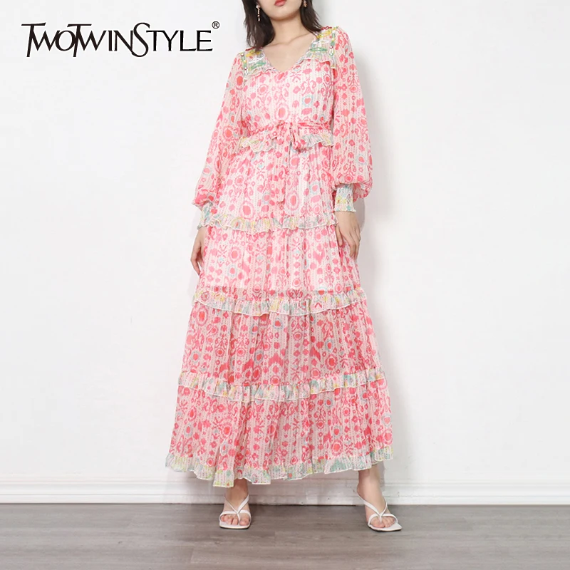 

TWOTWINSTYLE Autumn Ruffle Trim Dress For Women V Neck Long Sleeve High Waist Hit Color Dresses Female Fashion New Clothing 2021