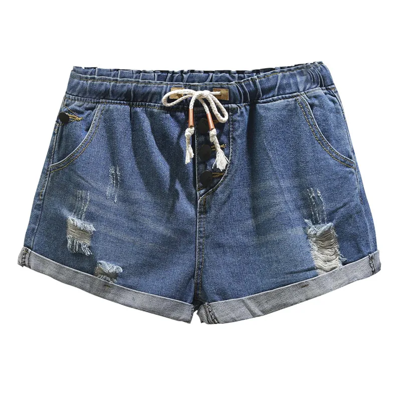

Houthion New Denim Shorts Casual Fashion Women Clothing Summer Loose Plus Size Solid Color Pocket Hole Elastic Waist
