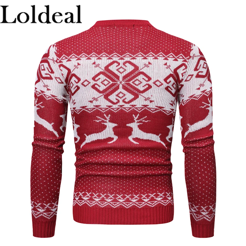 

Loldeal Men Sweater Fashion Round Neck Long Sleeve Snowflake Deer Batik Slim Knit