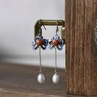 

Cloisonne Earrings Female S925 Sterling Silver Elegant Retro Ethnic Style Hand-Burnt Blue Long Fringed Pearl Ear Rings