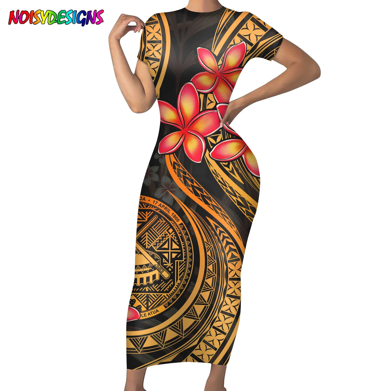 

NOISYDESIGNS Women Long Dresses Elastic Short Sleeve Sexy Lady Bodycon Robe Dresses Samoan Polynesian Tribal Pattern Woman Dress