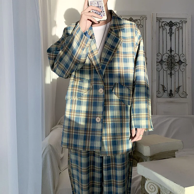

Chic retro green checked suit suit male leisure trend British wind blast street suit two pieces of tide