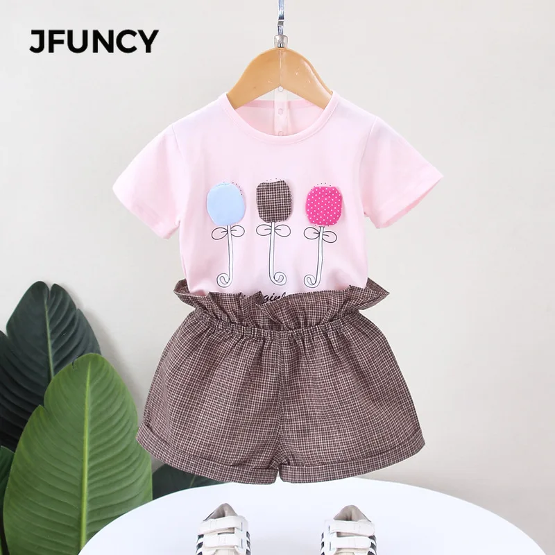 

JFUNCY Summer Baby Girls Fashion Children's Clothing Cute Cotton Casual Two Set Kids Sportswear T-Shirt Tops Short Child Clothes