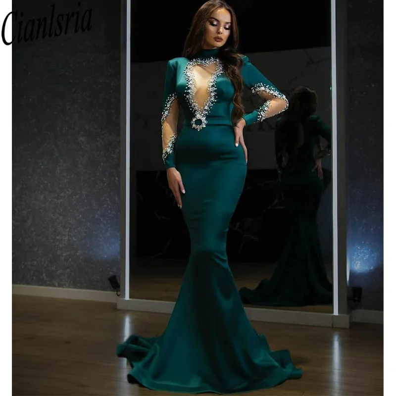 

Fashion Beaded Mermaid Evening Dresses High Neck Long Sleeves Backless Prom Gowns Sweep Train Satin Custom Made Sequined Formal
