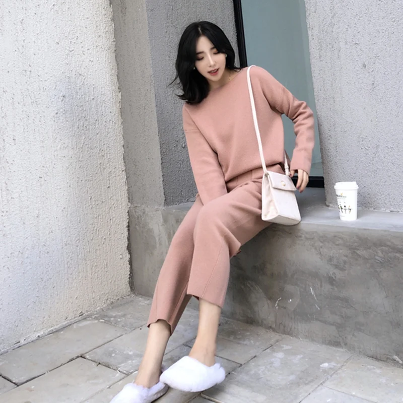 Pink Women Outfits Cashmere Sweater Two Piece Sets Tracksuit Autumn Winter Fashion Sweatsuits Sport Suit Female Knit Pant Set - Цвет: Pink