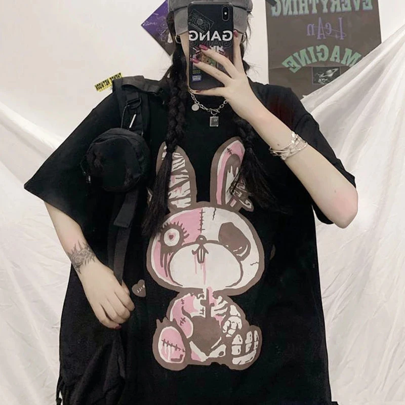 

QWEEK Kawaii Graphic Tees for Teens Rabbit Print Women Alt Clothes 2021 Summer Short Sleeve Top White Bunny T-Shirt Fairy Grunge
