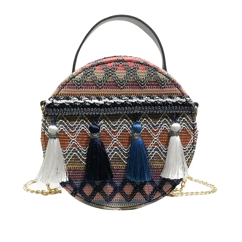 Соломенные плетеные пляжные дамские сумочки на ремне богемный круглый саквояж