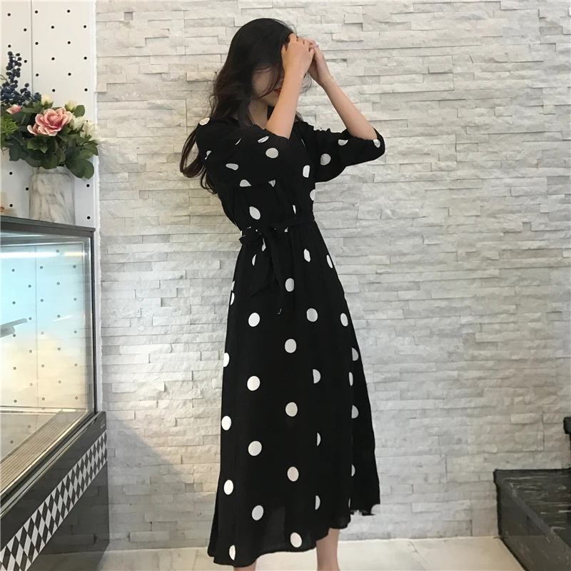 

JCHB 2021 Dress Fashion Casual V-neck Ladies Long Half Sleeve Dot Dress Female New Dresses SuperAen Summer Women's Dress Korean