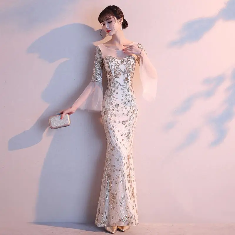 Благородная леди шампанское Qipao сексуальное вечернее платье Элегантный Bling тонкий китайский платье с v-образным вырезом Vestidos De Festa изысканный Cheongsam - Цвет: Light Champagne