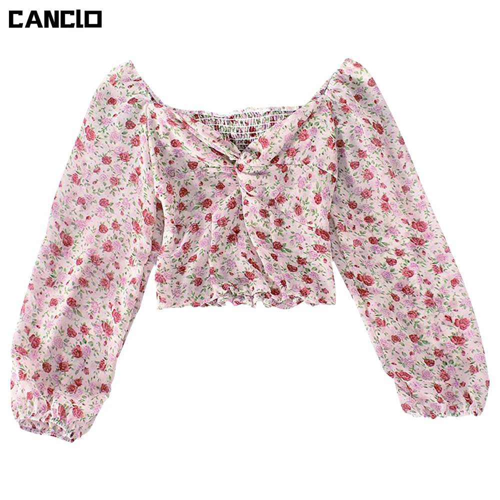 

Long Sleeve Blouse Shirts Women Summer Clothing 2021 Vintage Rose Print Shirt V Neck Ruched Crop Top Female Boho Streetwear