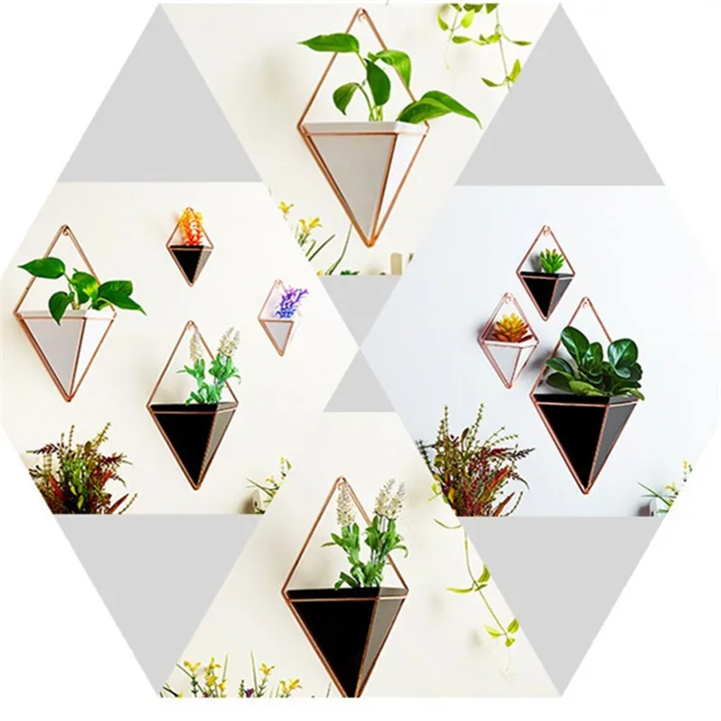 Acrylic flower Pot+ Iron Plant Holders Set Indoor Hanging Planter Geometric Vase Wall Decor Container Succulents Plant Pots
