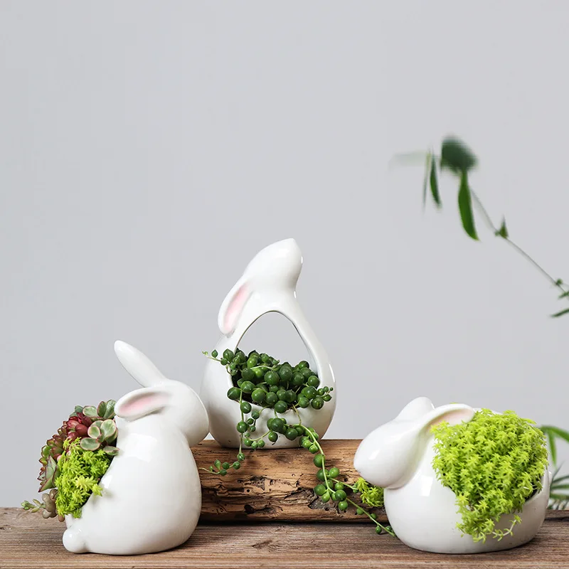 

Creative Ceramic Cartoon Mini Rabbit Flowerpot Simple Succulent Plant Container Green Planters Small Bonsai Pots Home Decoration