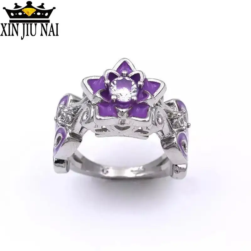 Женское Обручальное кольцо с фиолетовой эмалью цветком лотоса|Кольца| |