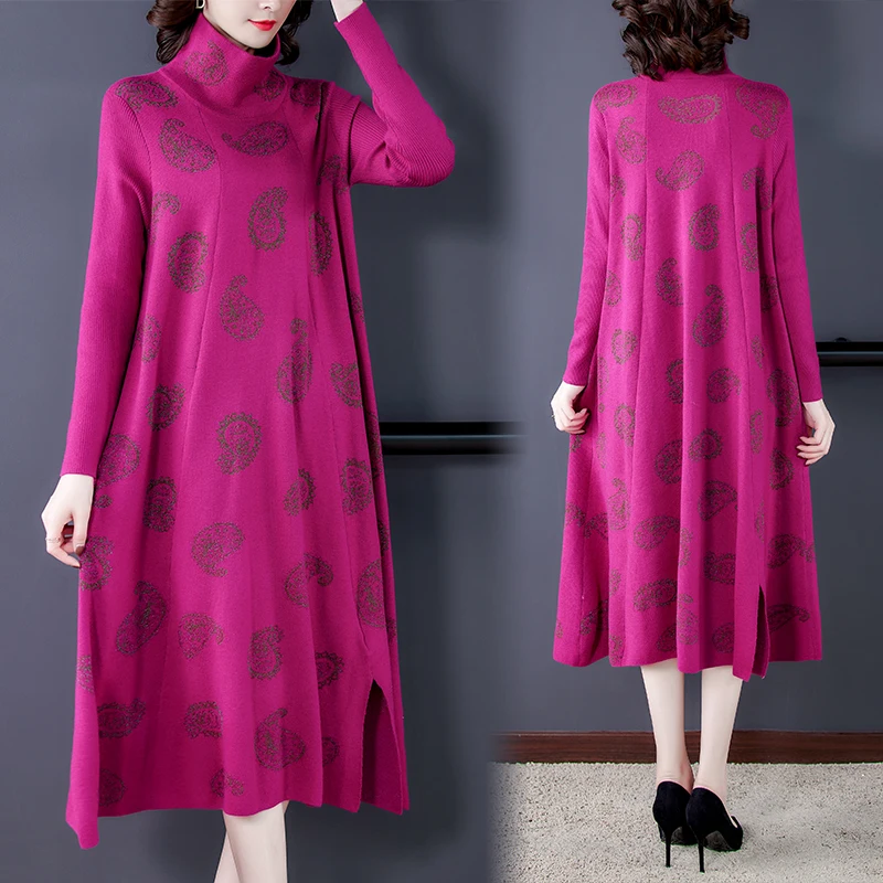 

LUKAXSIKAX 2020 New Autumn Winter Women Knitted Long Dress High Quality Vintage Jacquard Loose Turtleneck Sweater Dress
