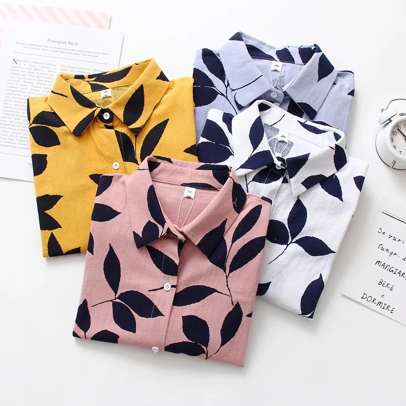 

2021 summer retro Hong Kong style leaf pattern shirt women's long-sleeved loose Korean students all-match printed shirt