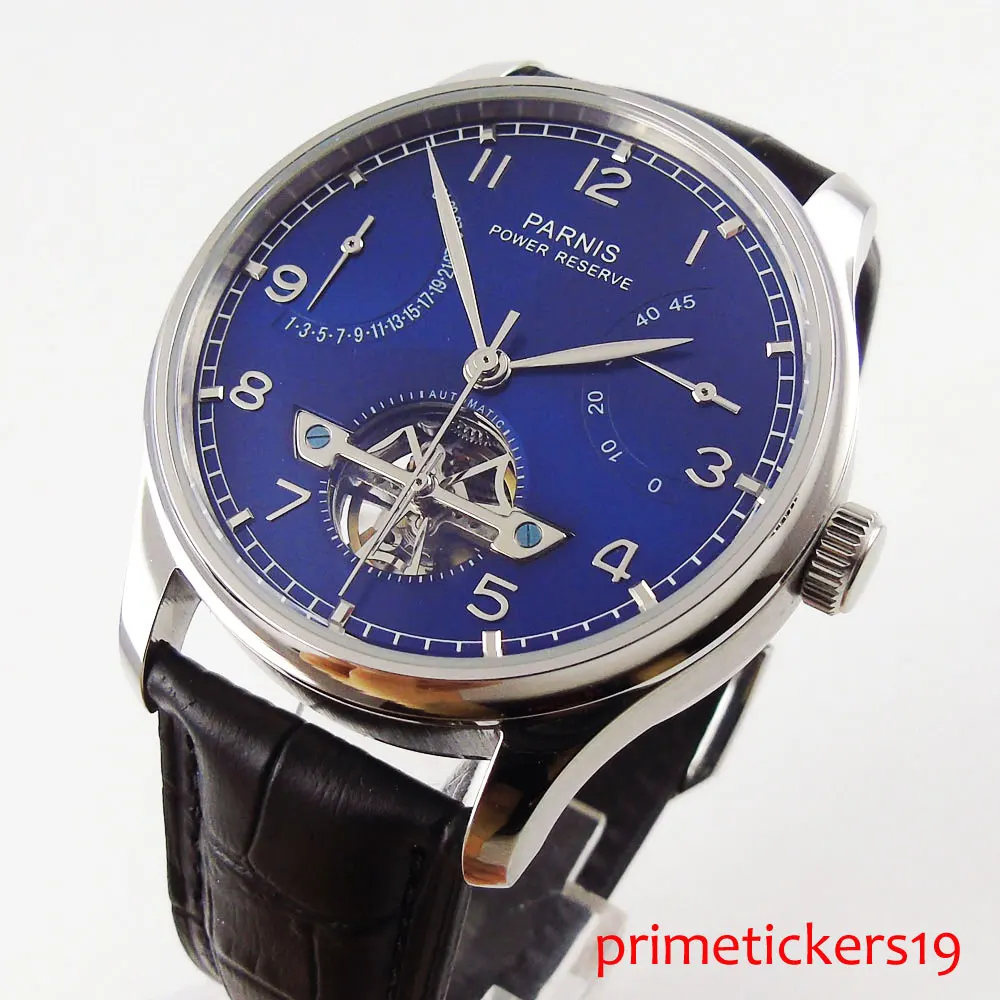 Мужские автоматические часы PARNIS с синим циферблатом и кожаным ремешком 43