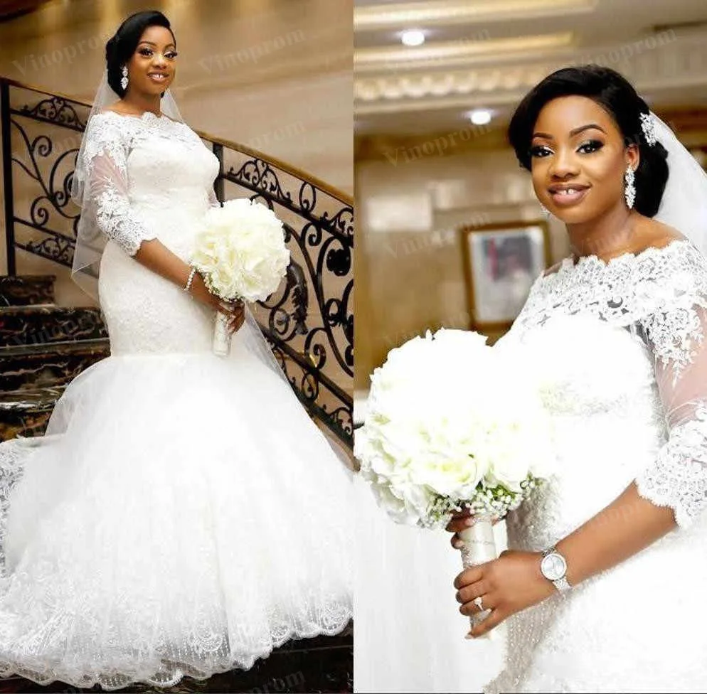 

2023 Long Sleeves Mermaid Wedding Dresses Bateau Lace Appliques Arabic Trumpet Arabic African Bridal Gowns Vestidos De Noiva