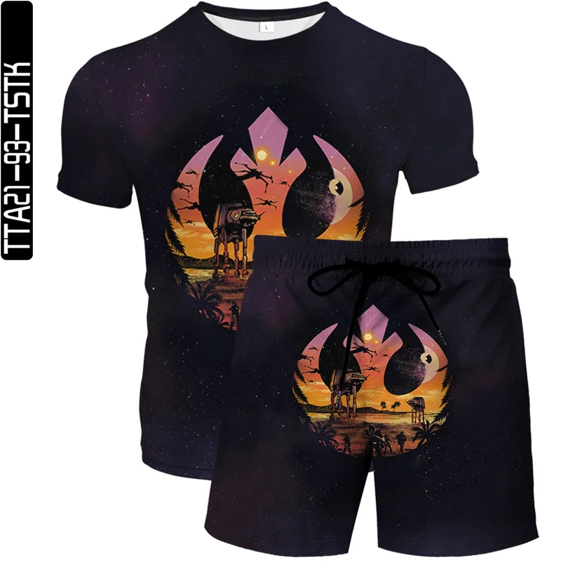 

3D printing creative map summer new men's T-shirt + beach pants black two-piece sports fitness hip-hop trend handsome boy