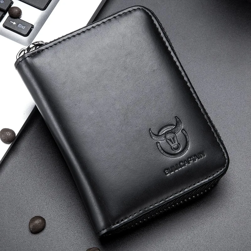 

New BULLCAPTAIN Leather Men Wallet Card Pack Zipper Card Case Holder Credit Card Bag Short Coin Purse