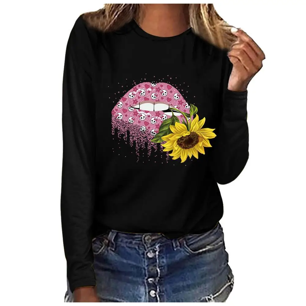 Женские топы уличная мода плюс размер круглый вырез с длинными рукавами футболка