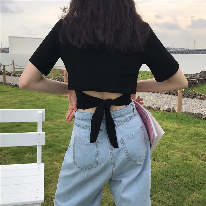

Women T Shirts Summer Fashion Cotton Cute Girls Sexy Crop Tops Female Casual Tees Short Sleeve Backless tshirt Streetwear 093
