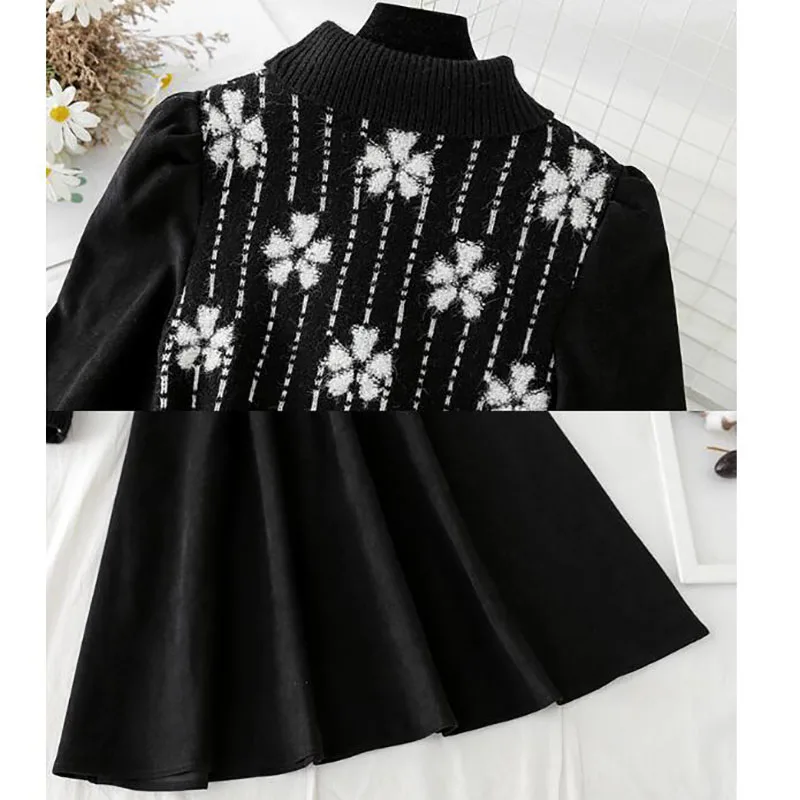 

2021 New Spring Splicing Knitted Women Dress Half high collar Print Long Sleeve Dresses A-line Vintage Black Dress Vestidos