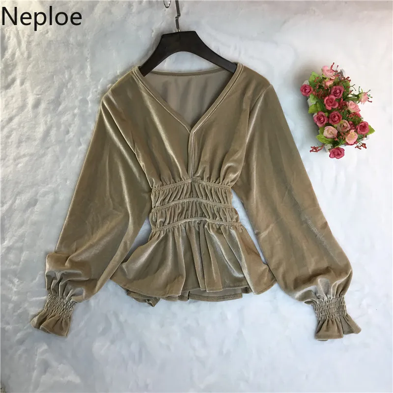 Женская Вельветовая блузка с v образным вырезом и рукавами фонариками оборками