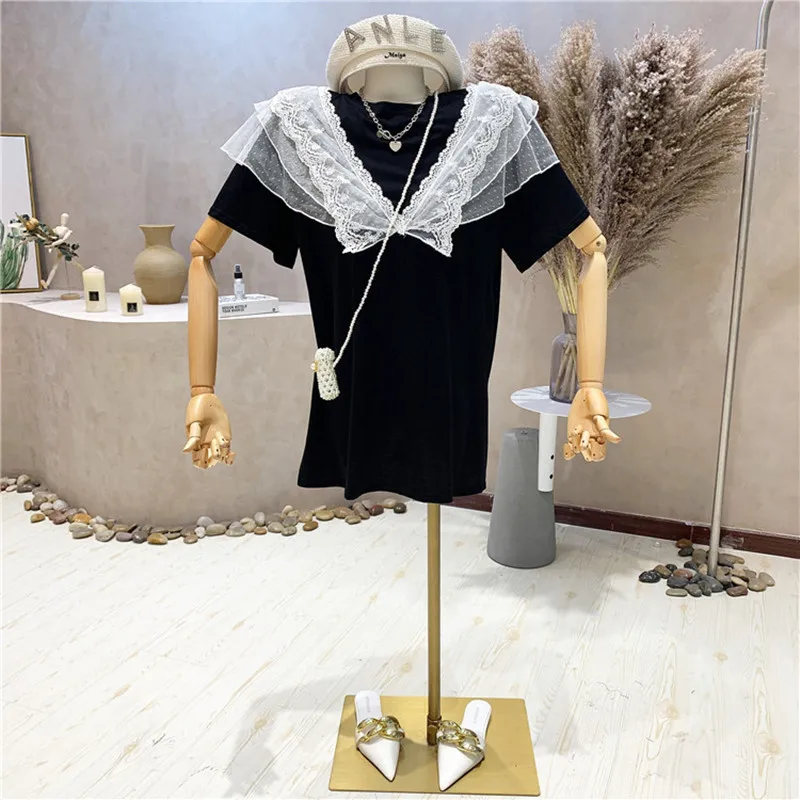 

Niche Design New Women's Clothing Summer 2021 Fashion Design Sense Round Neck Black Stitching Lace Loose Mid Length T-shirt