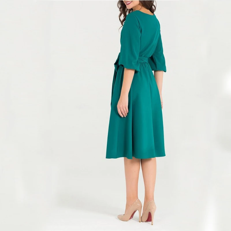 

CN Summer Autumn Women Dress 2020 Solid Color High Waist A Line Ladies Midi Dresses Casual Puff Sleeve Vintage Dress Women