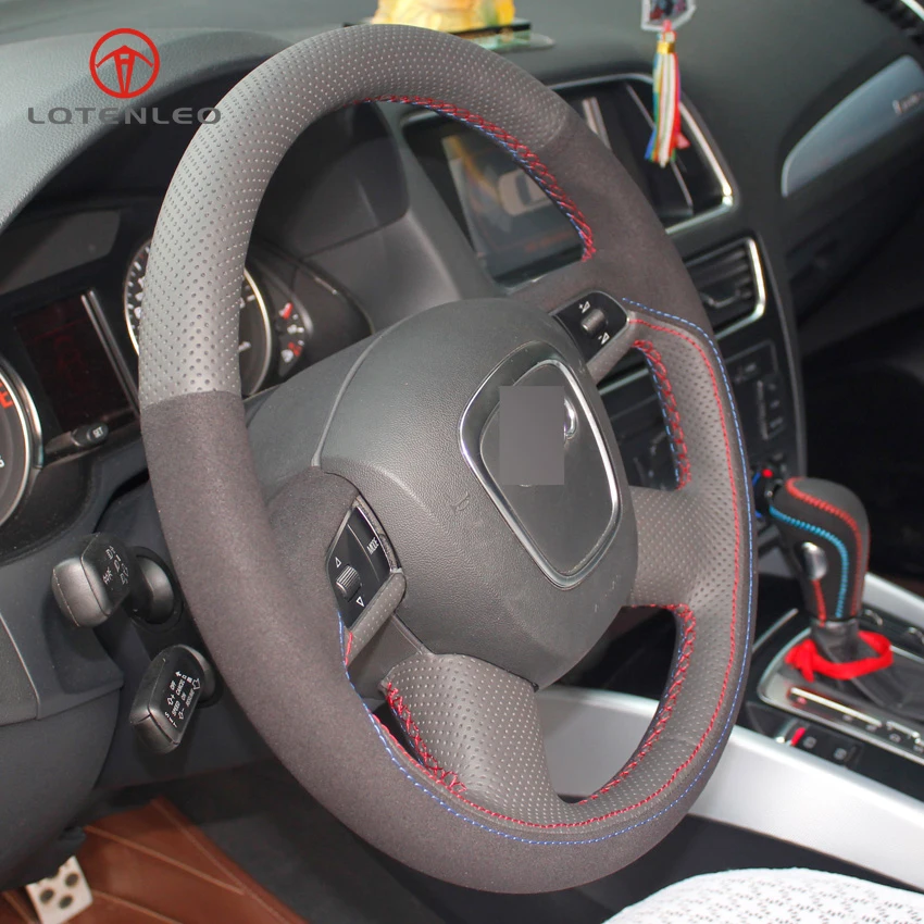 LQTENLEO черный замшевый чехол рулевого колеса автомобиля из натуральной кожи для Audi