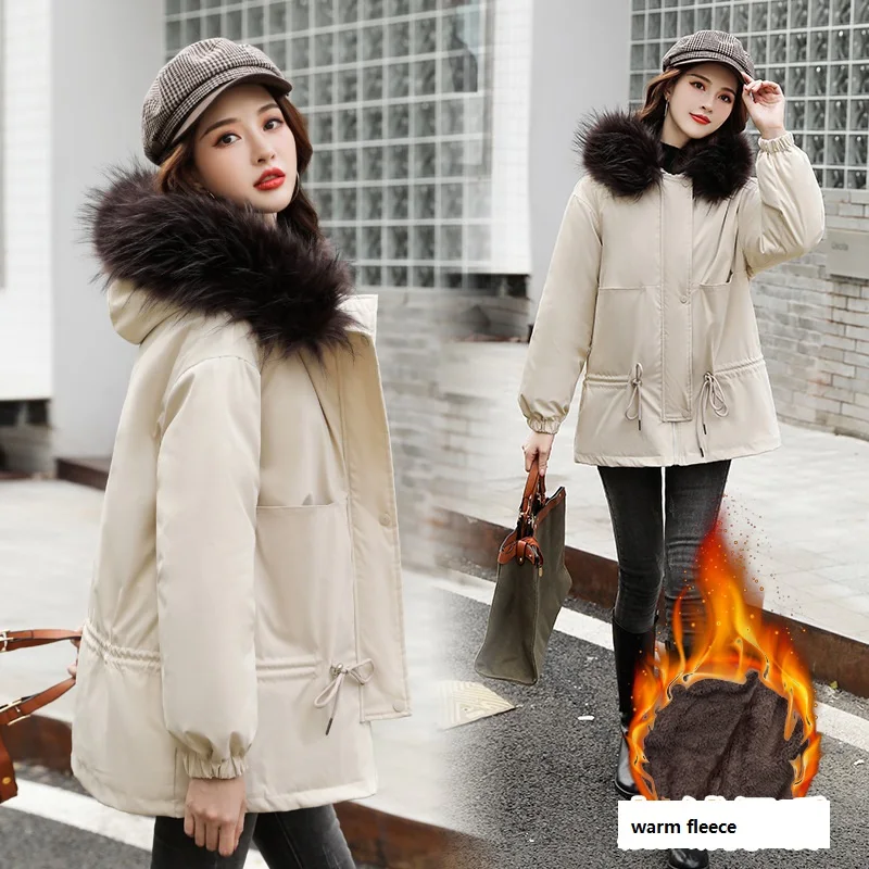 

Winter Women Fleece Inside Parkas Plus Size Thick Warm Mid-Long Hooded Parkas Jackets Fur Inside Female Slim Padding Parkas
