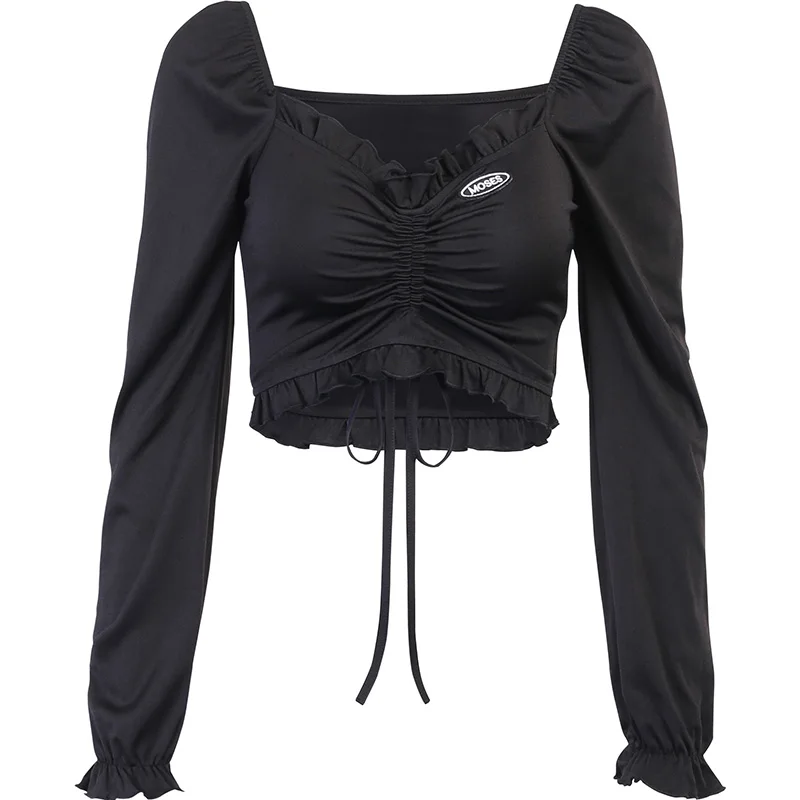 

InsGoth Bandage Bodycon Long Sleeve Crop Tops Female Black V-neck Streetwear Punk Slim Tops Autumn Gothic Harajuku Top