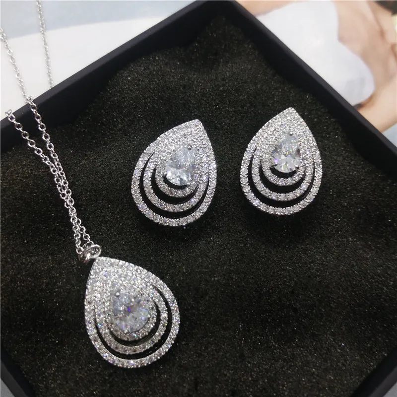 Серьги подвески в форме цветка и груши с фианитом|drop set|jewelry sets flowersjewelry earrings |