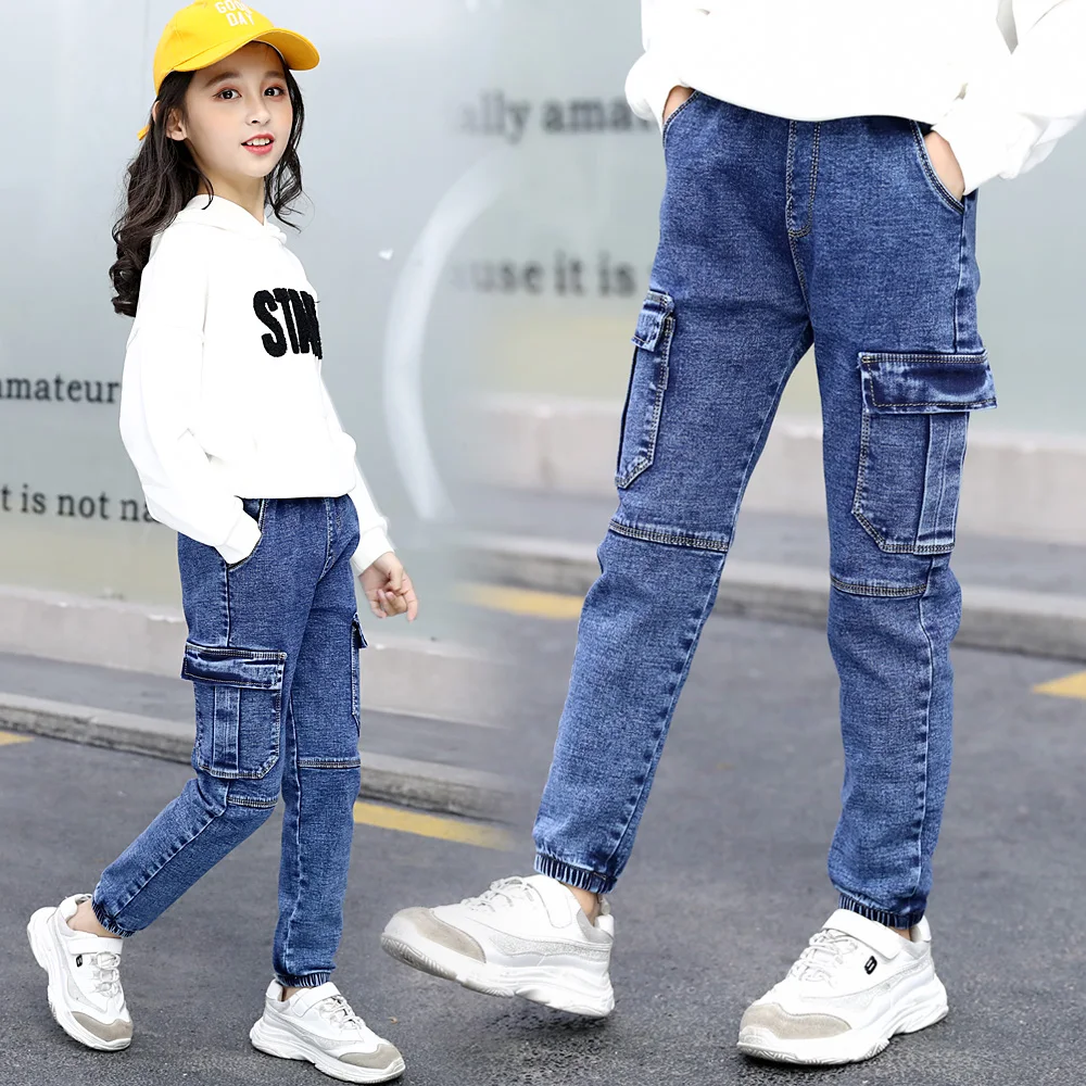 

2020 Spring Jeans for Girls Denim Pants 3-10 Years Children Jeans Casual Style Pocket Teenage Denim Trousers Costumes for Girls