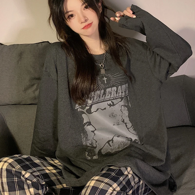 

Harteen Spring Autumn Female Vintage Casual Print Long Sleeve Sweatshirts Thin Slim Loose Pullover Basic Gary Women Clothes
