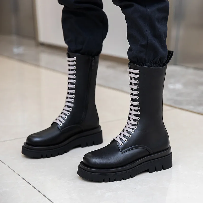 

YMECHIC 2020 Winter Cross Strap Lace Up Platform Chunky Heels Mid Calf Womens Boots Black Woman Footwear Shoes Biker Boots Women