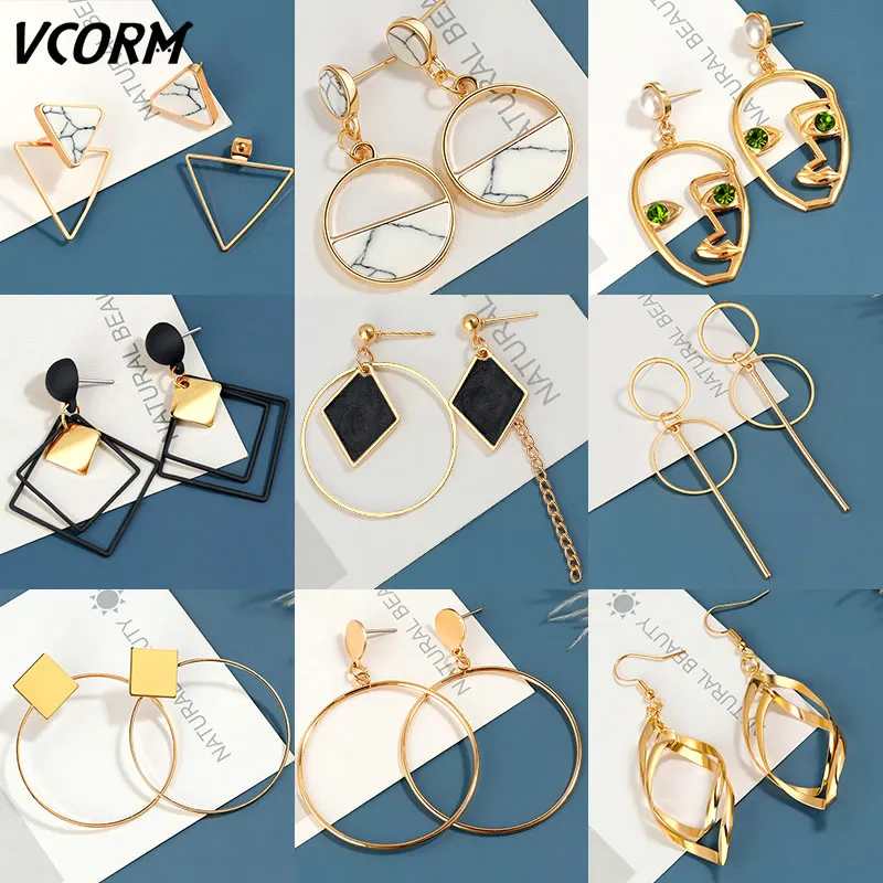 

VCORM Fashion Korean Acrylic Drop Earrings 2023 for Women Statement Geometric Gold Round Hollow Hanging Dangle Earrings Jewelry