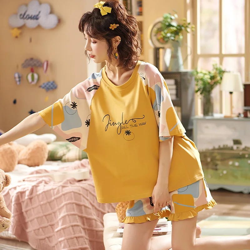 

Fashion Patchwork Cotton Sleepwear Women Funny Cartoon Bat Sleeve Summer Pajamas Set Korean Sweet Short Sleeve Female Nightwear