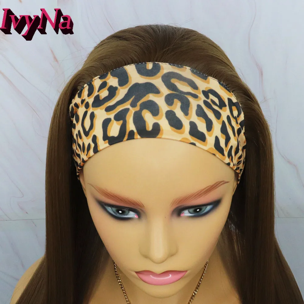 

IvyNa Brown Synthetic Wig With Headband Long Straight Full Machine Made Wig With Headband for Women Heat Resistant Futura Wig