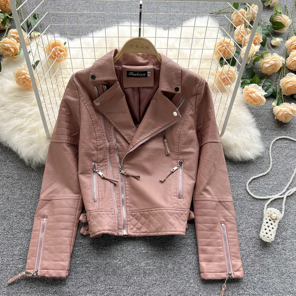 

Women Faux Leather Jacket Autumn New Ladies Notched Collar Zipper Slim Black Pink Pu Leather Jacket Fashion Motorcycle Jacket