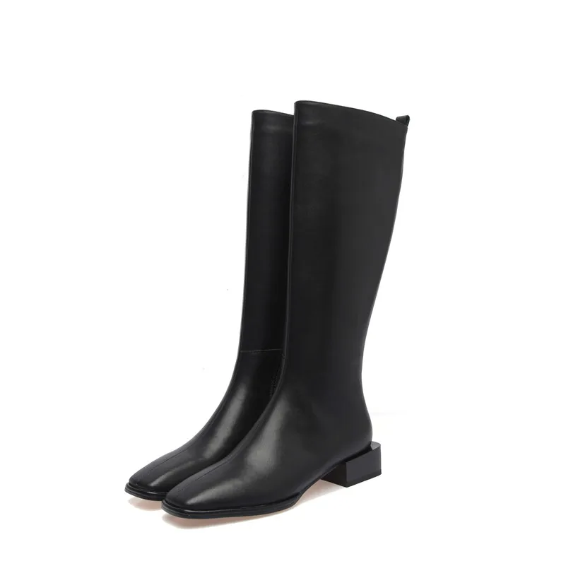 

2021 New Riding Boots Women Shoes Real Leather Mid Heel Knee-High Boots Square Toe Block Heels Zip Long Boots Autumn Winter 40