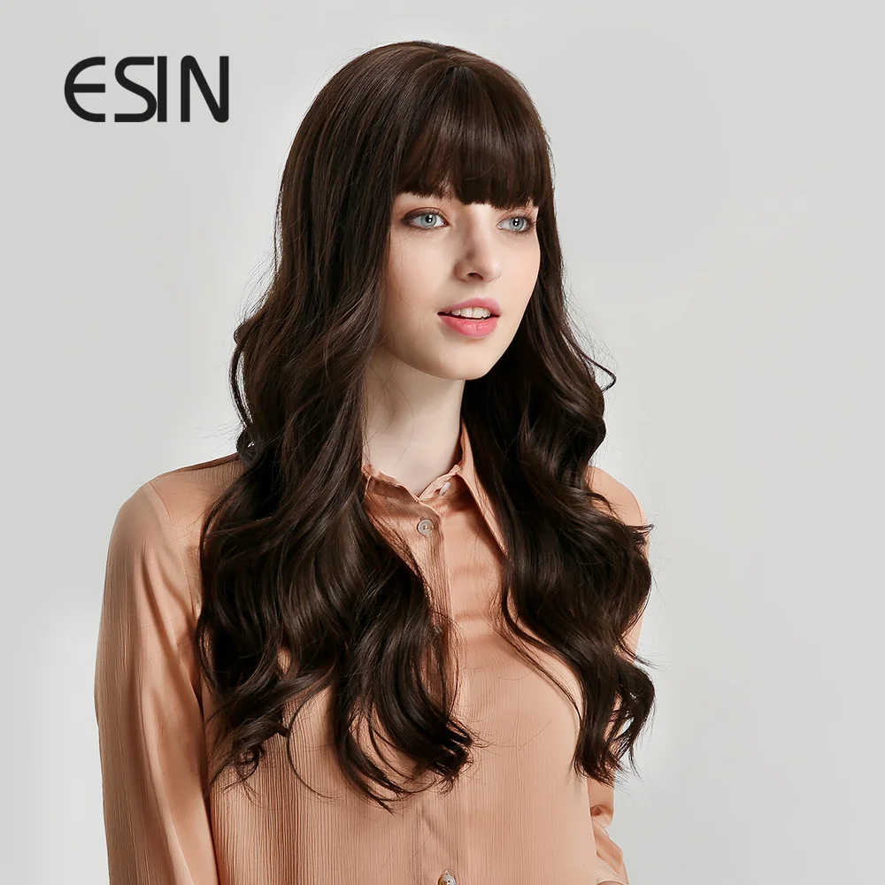 ESIN черные длинные волнистые парики с челкой для вечерние натуральный