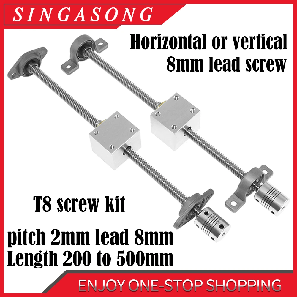 

Комплект винтов T8, набор винтов, горизонтальный или вертикальный винт с шагом 2 мм, вывод 8 мм, Длина 200 300 400 мм, 3D-принтер, гравировальный стано...