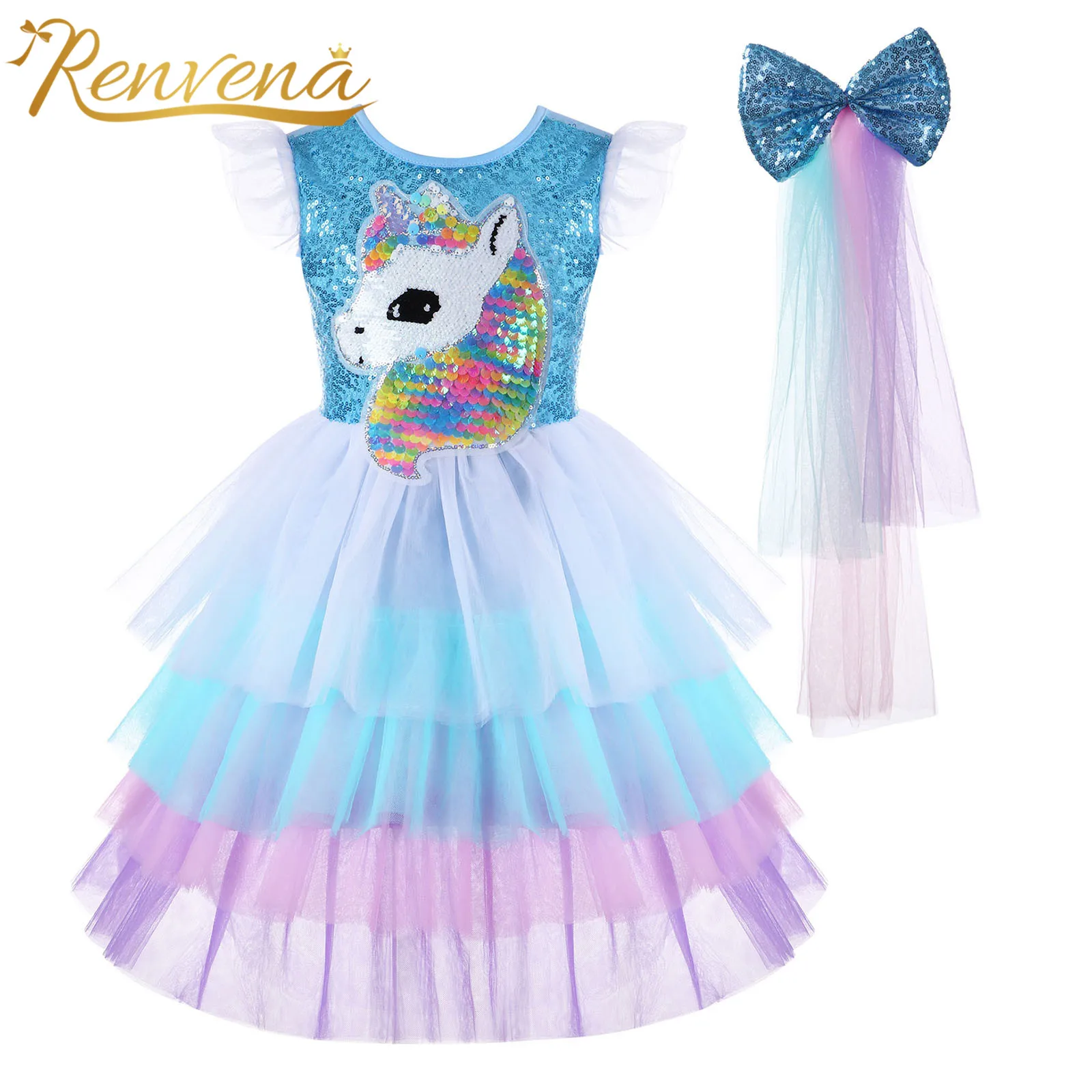 

Girls Cartoon Horse Printed Rainbow Sequins Dress Kids Cosplay Princess Dress Childrens Birthday Party Performance Costumes