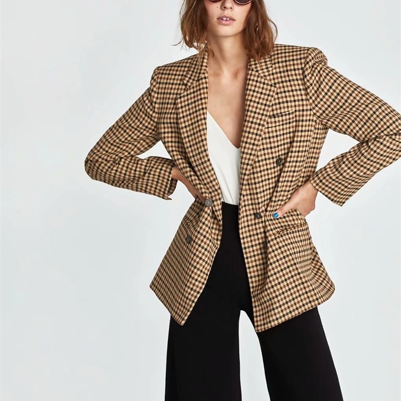 

YOSIBCD Women 2021 Fashion Office Wear Double Breasted Plaid Blazer Coat Vintage Long Sleeve Pockets Female Outerwear Chic Tops