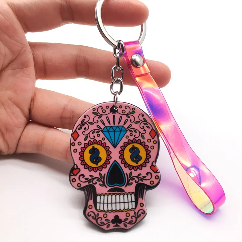 Брелоки Calavera мексиканские причудливые брелки для ключей с черепом пользовательский лазер Dazzle Rope Sugar Skull брелок сумка Шарм сладкий подарок - Цвет: D