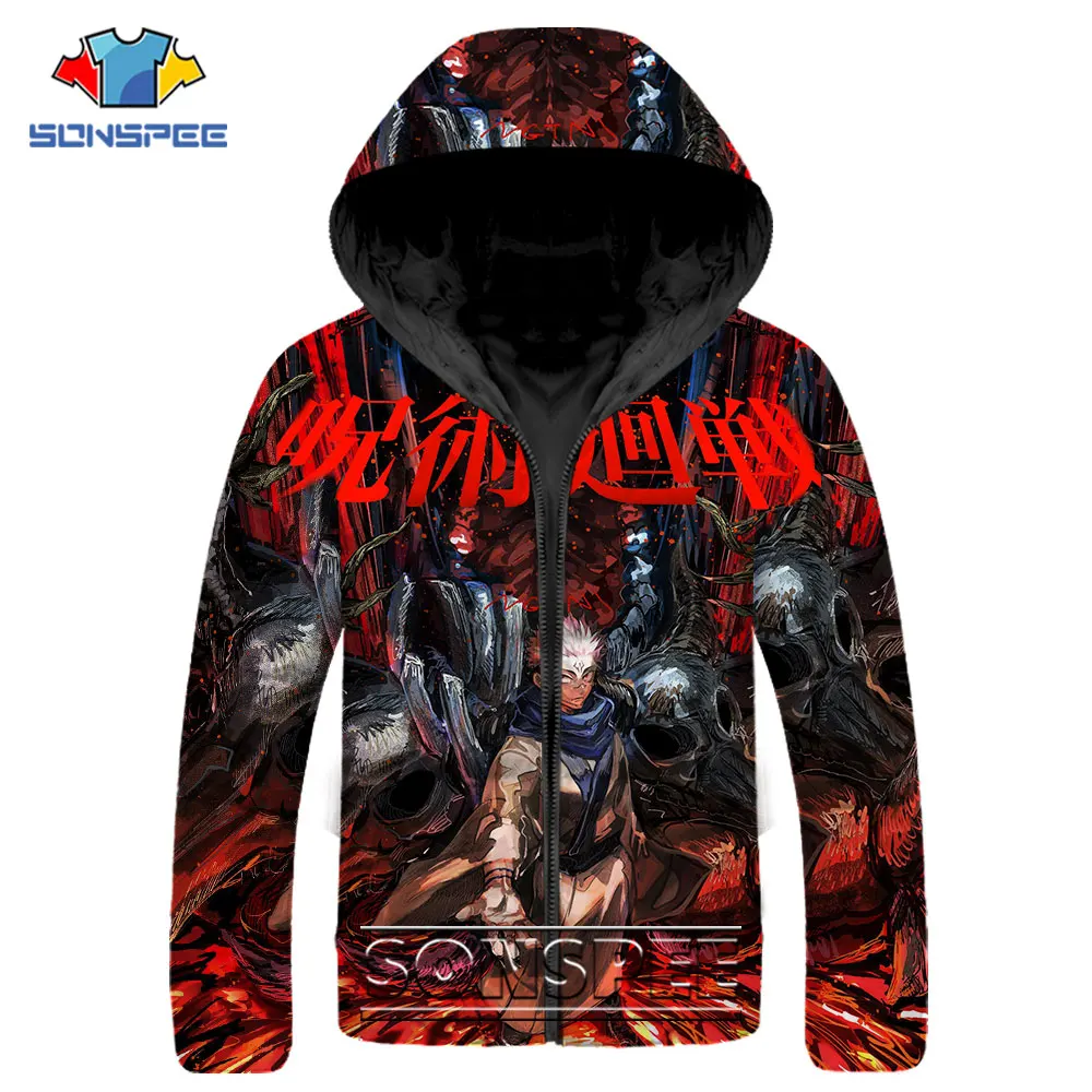 SONSPEE Jujutsu Kaisen Parkas Anime Itadori Yuji Printed Casual Hip Hop Streetwear Winter Thicken Keep Warm Hooded Jacket Coat